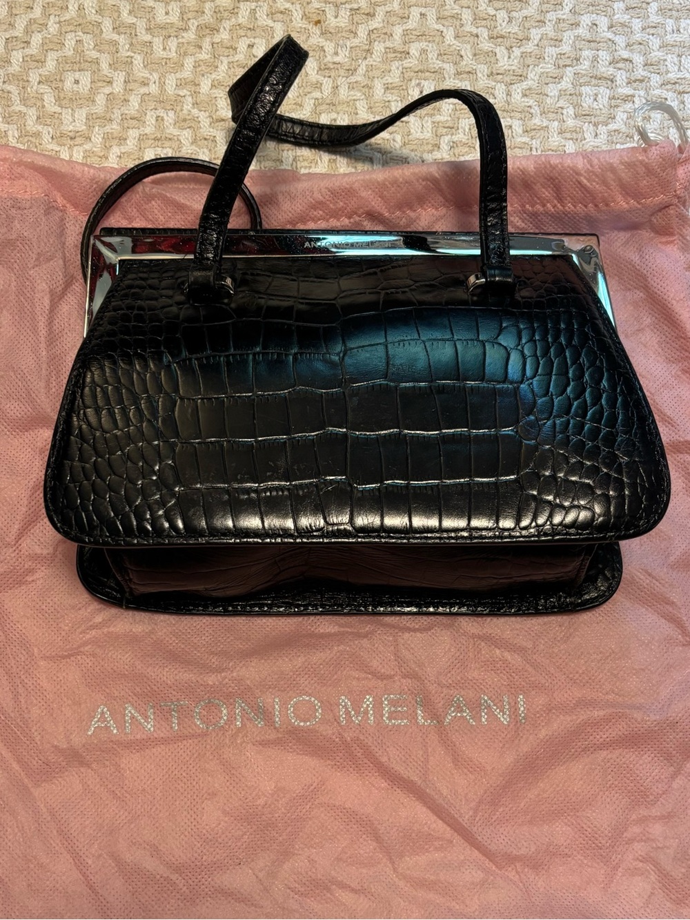 ANTONIO MELANI black leather crocodile embossed small purse